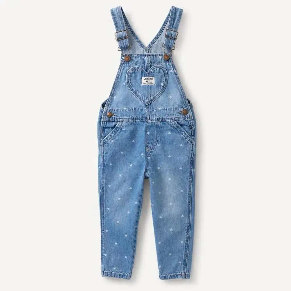 Oshkosh BGosh Girls overalls all over heart print denim blue white vestbak 2T